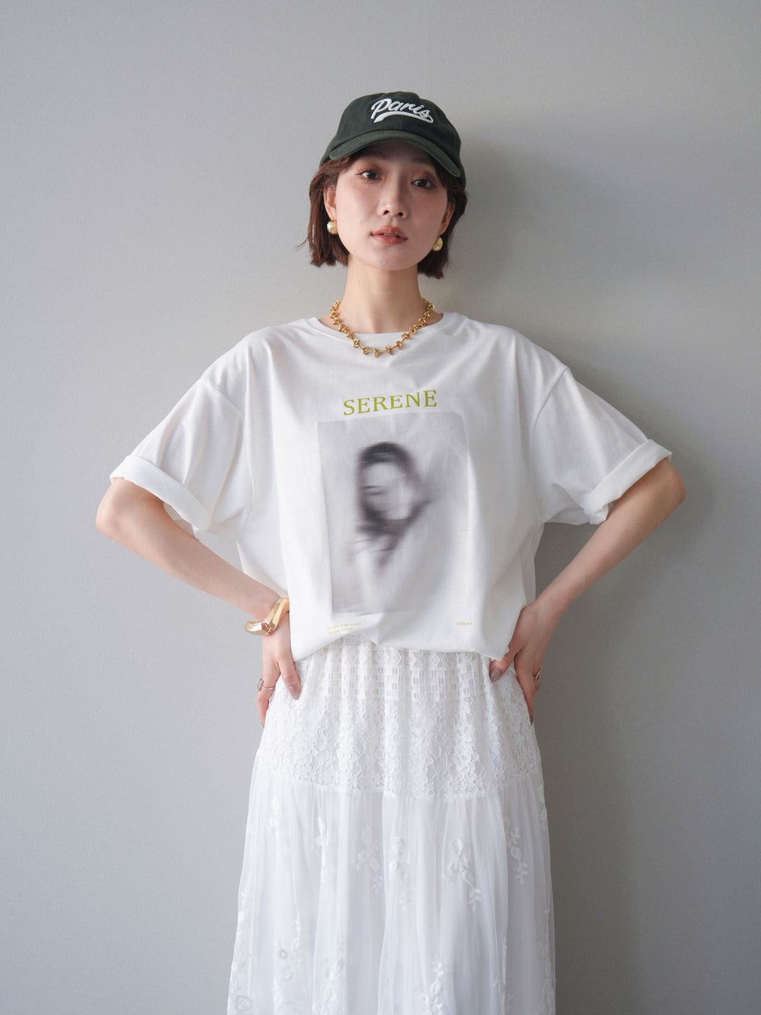 [SET]ブラーアートフォトTシャツ+シアーレースマキシスカート(2set)