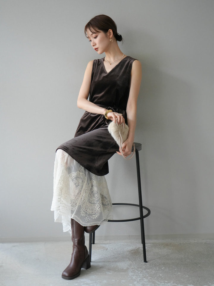 [予約]裾コットンレースベロアワンピース/ブラウン