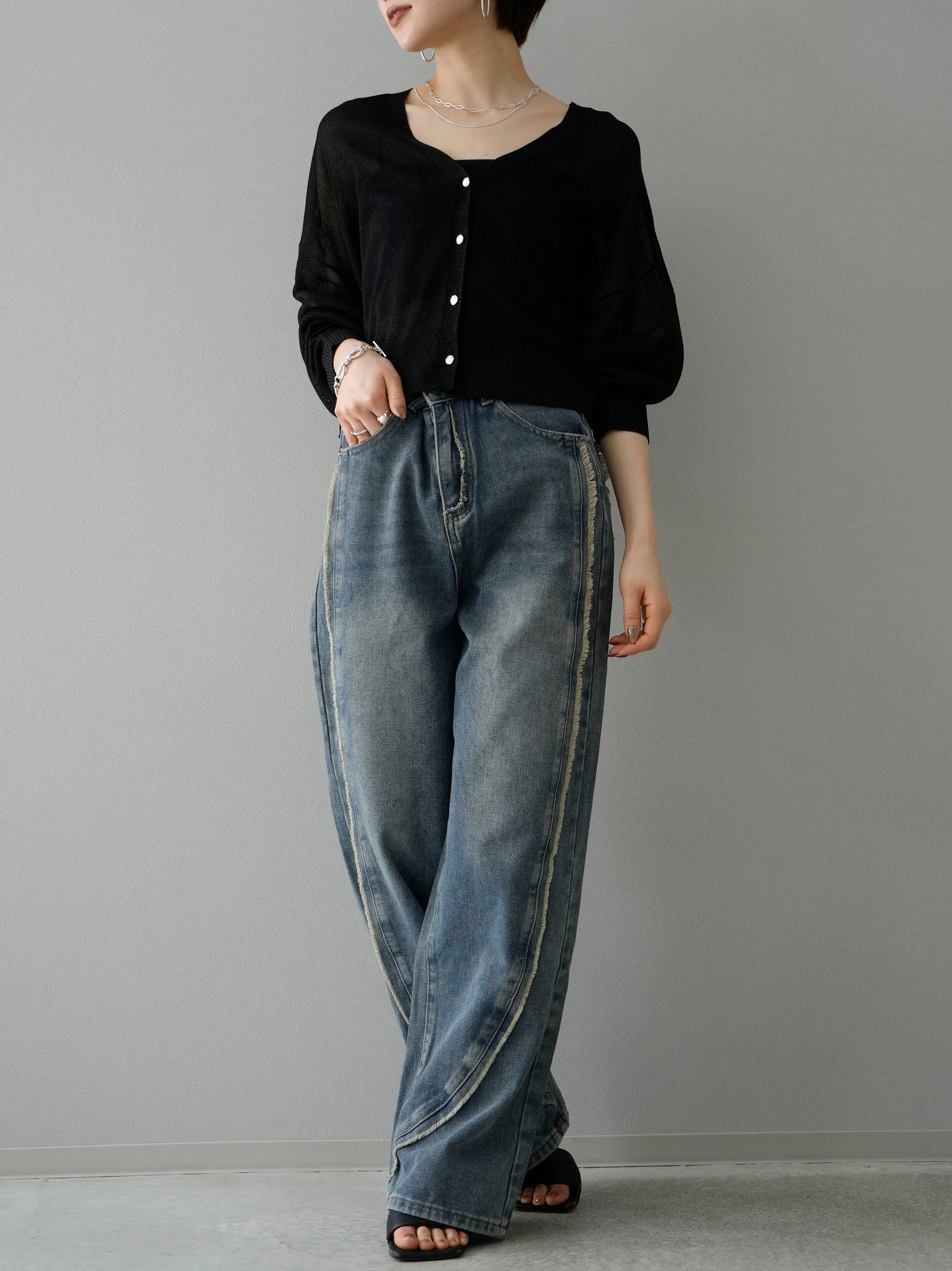 SET]ラメシアーニットカーディガン+フリンジボーイフレンドデニム(2set