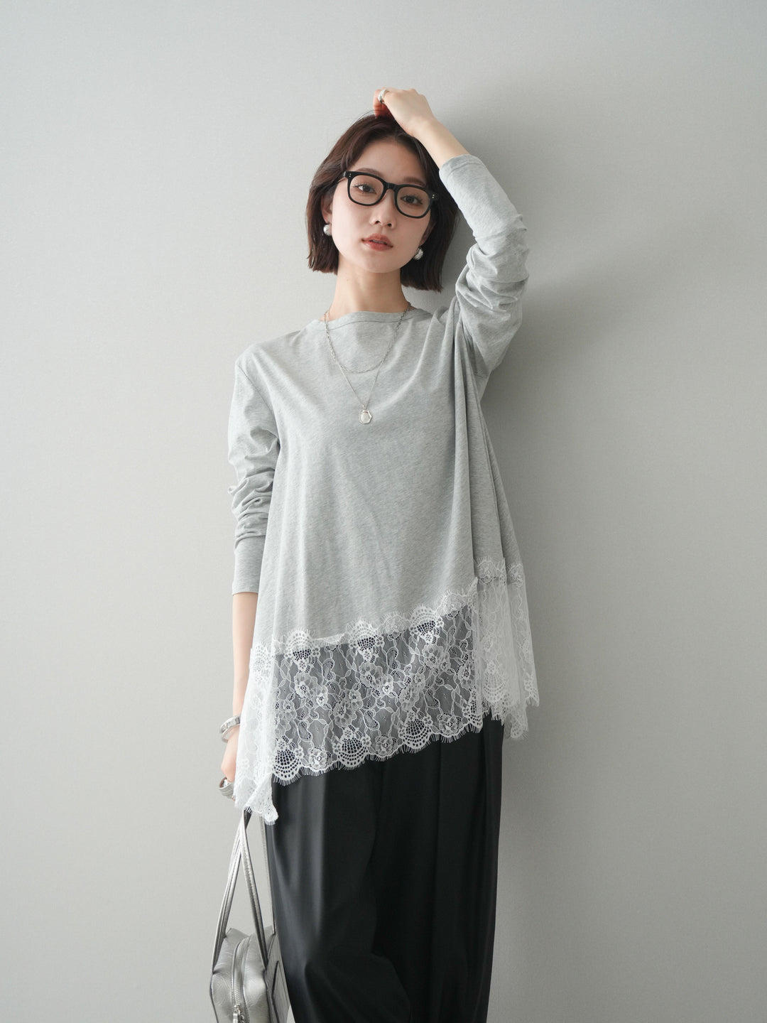 [SET]裾レースロングスリーブTシャツ+選べるアクセセット(2set)