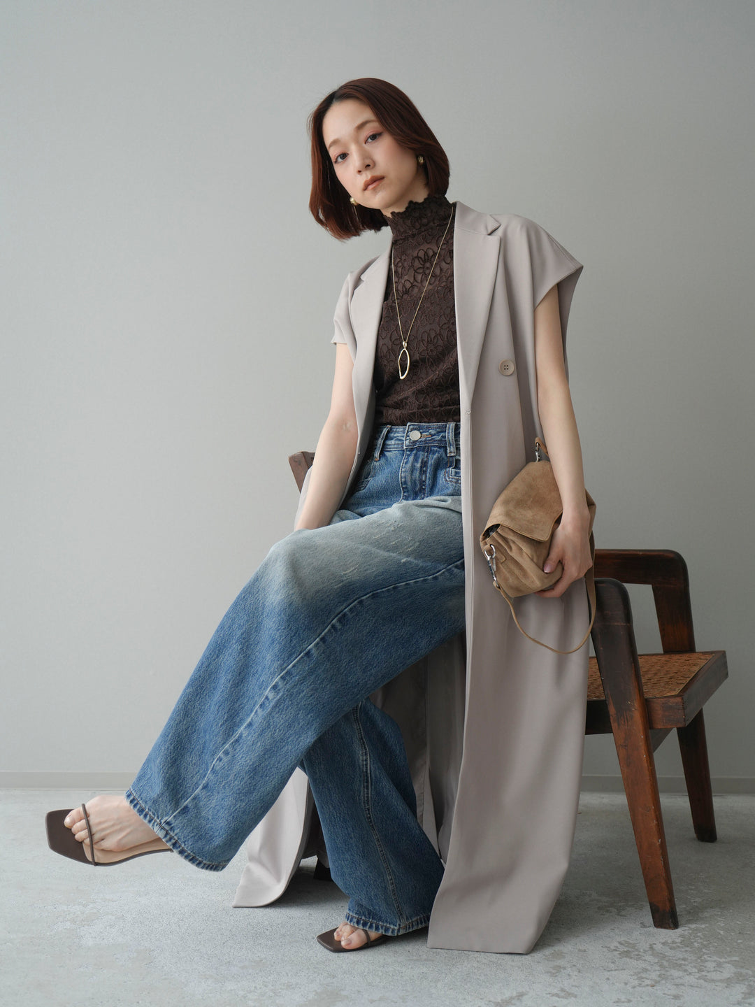 [予約]フレンチスリーブロングジレ/greige