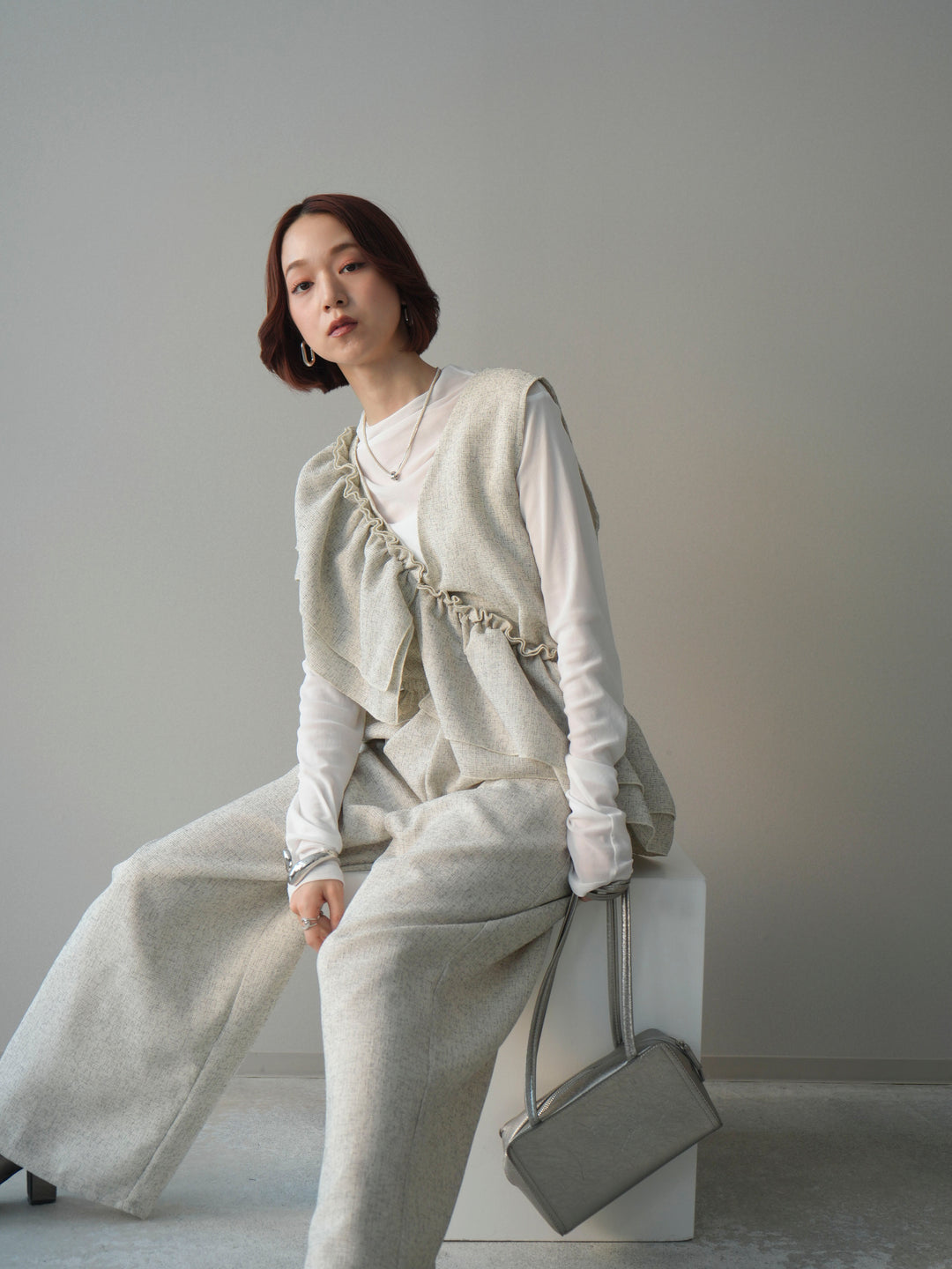 [SET]3WAYミックスツイードギャザーオールインワン+シアープチネックストレッチトップス(2set)