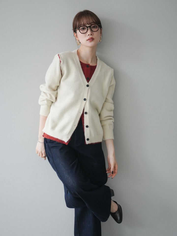 [SET]配色レイヤードニットカーディガン+選べるアクセセット(2set)
