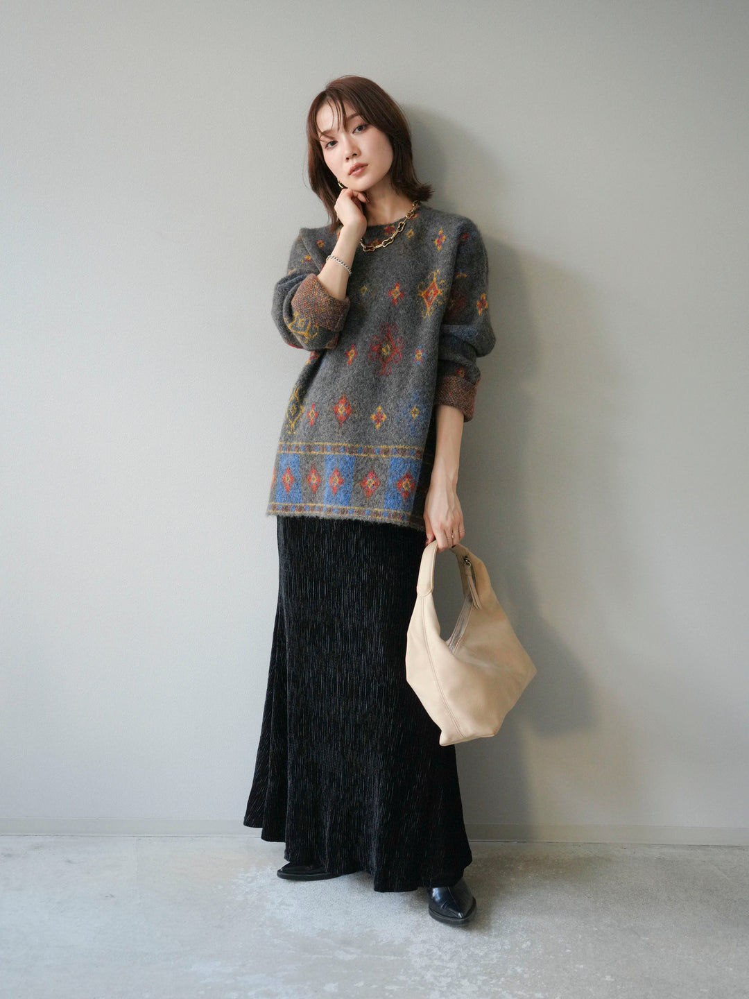 [予約]ヴィンテージ柄オーバーニットプルオーバー/チャコール