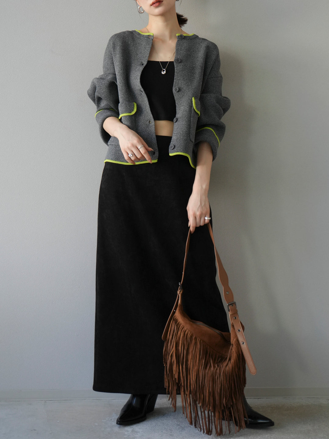 [予約]ポリエステル配色クルーネックカーディガン/チャコール