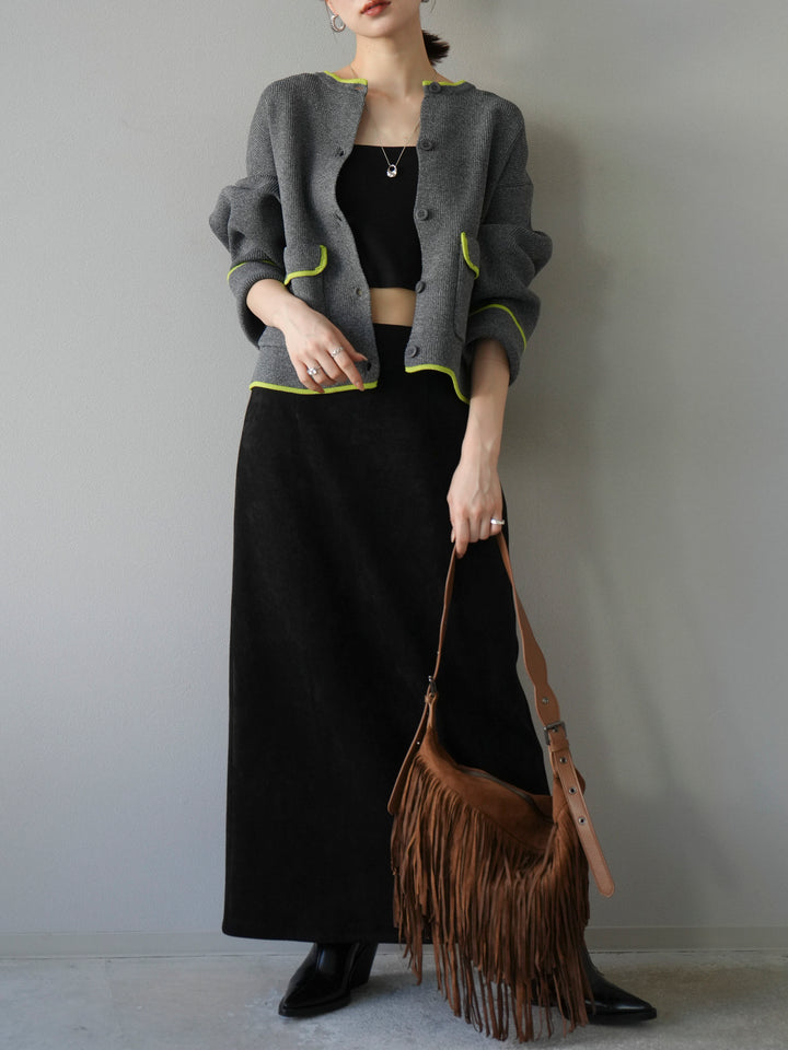 [予約]ポリエステル配色クルーネックカーディガン/チャコール
