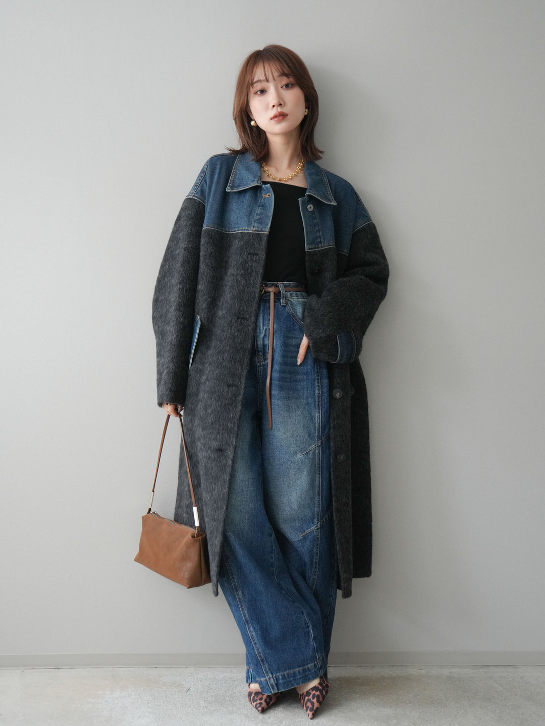 [予約]デニム切替シャギーステンカラーコート/charcoal