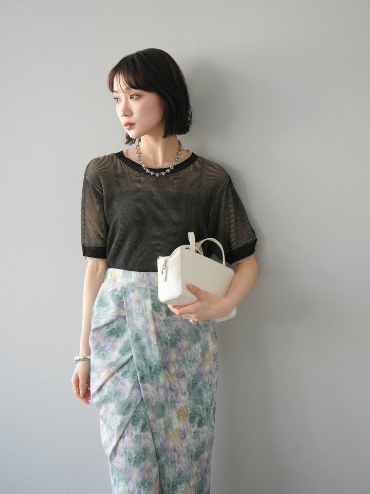[SET]リネンタッチ配色二重臼ハーフニットトップス+選べるアソート柄スカートセット(2set)