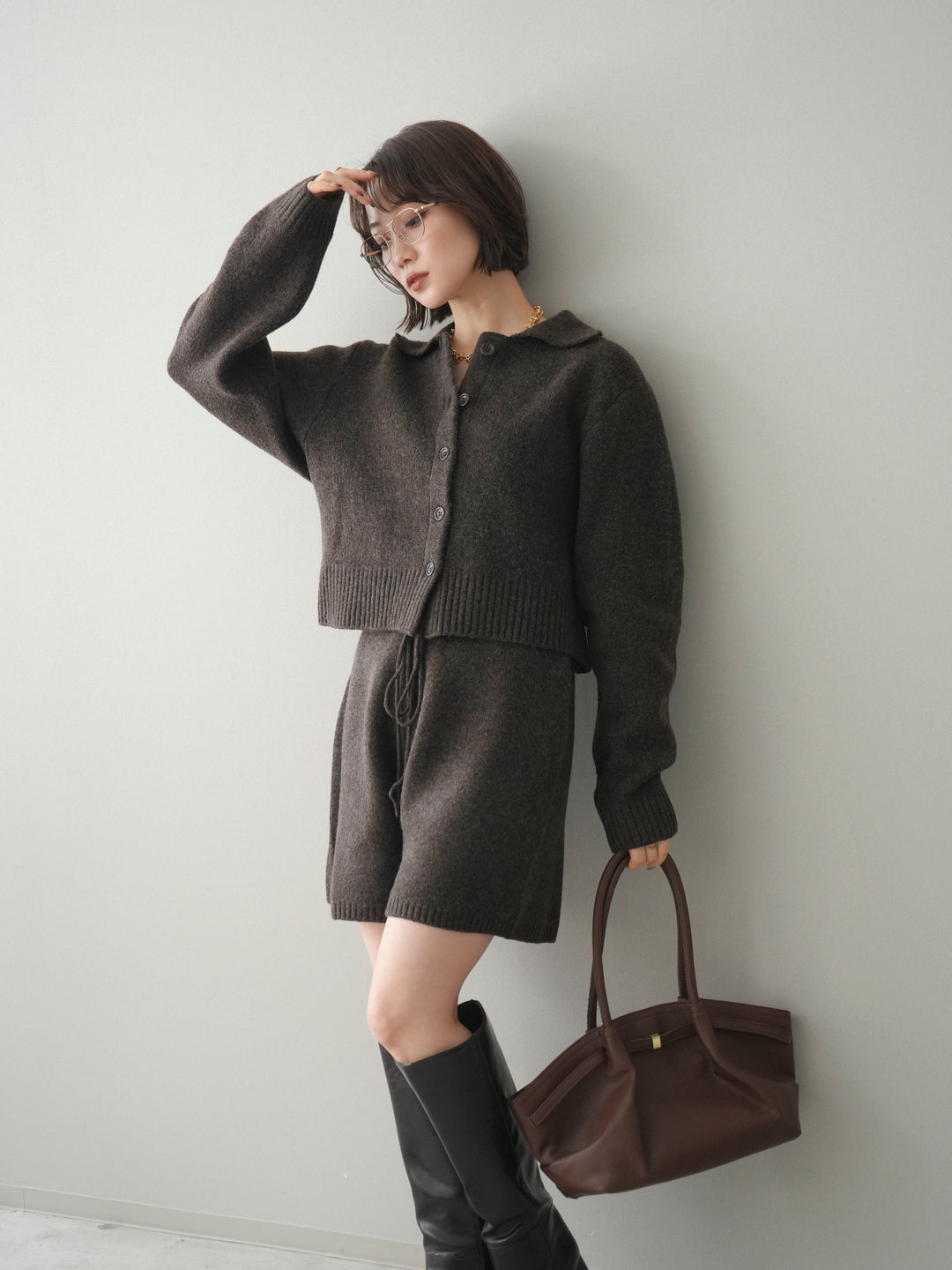 [予約]メランジニット襟付きクロップドカーディガン/brown