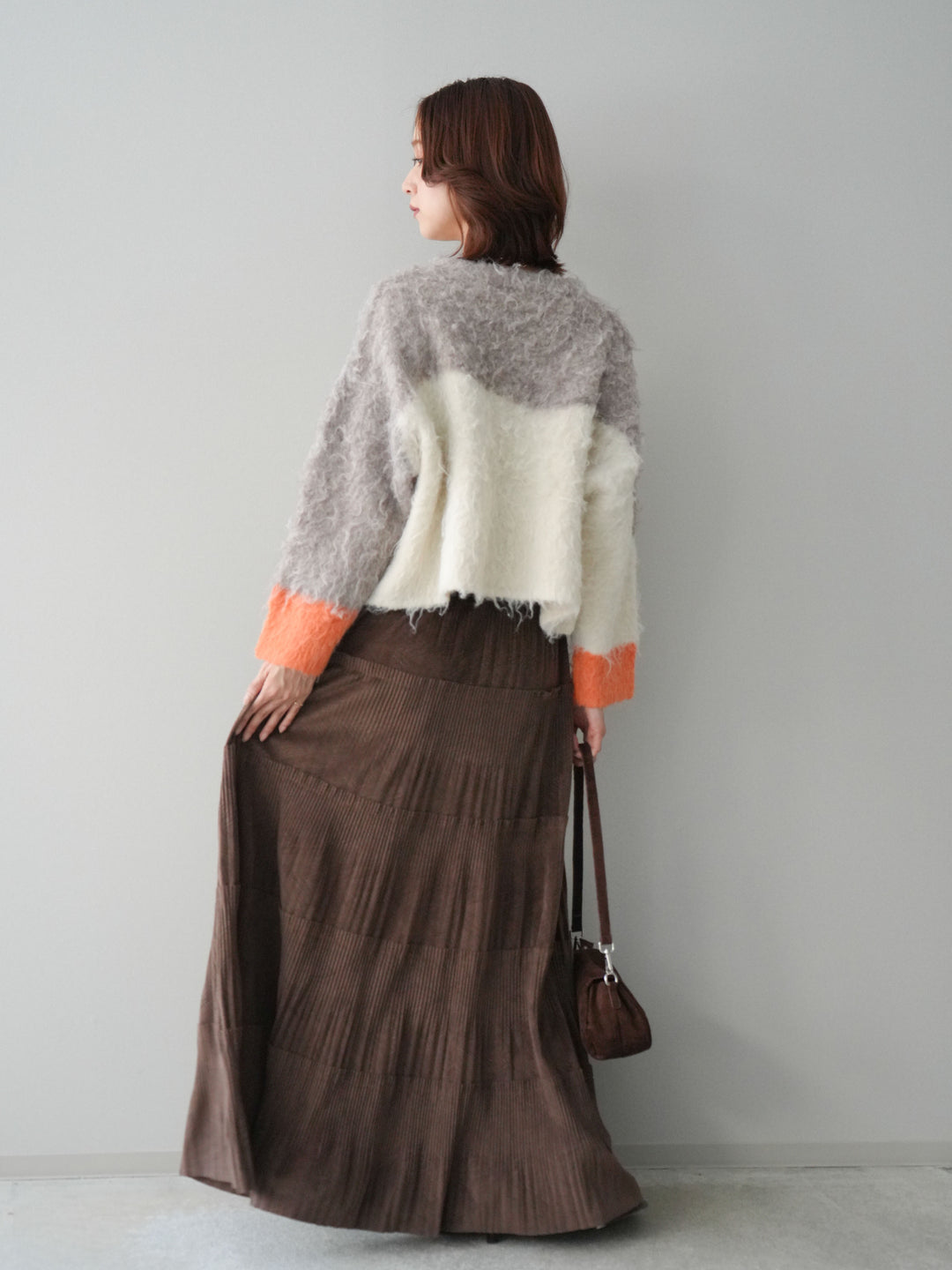 [予約]型押しスエードティアードプリーツスカート/brown