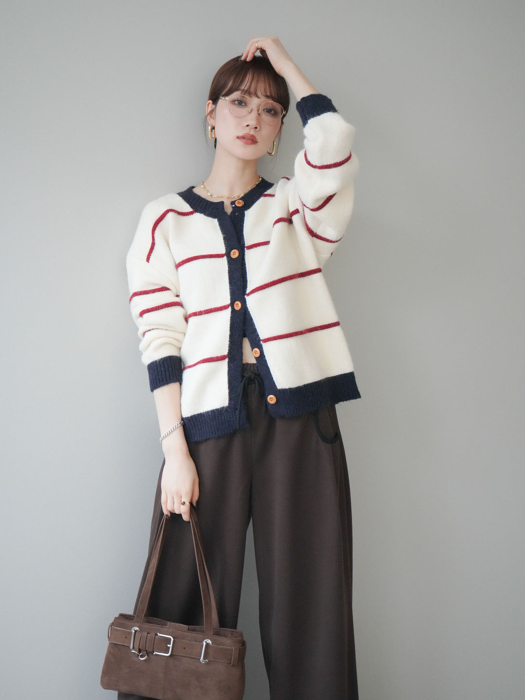 [予約]配色ボーダーニットカーディガン/red