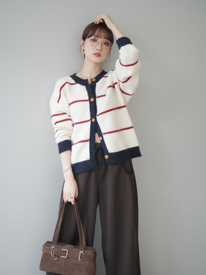 [予約]配色ボーダーニットカーディガン/red