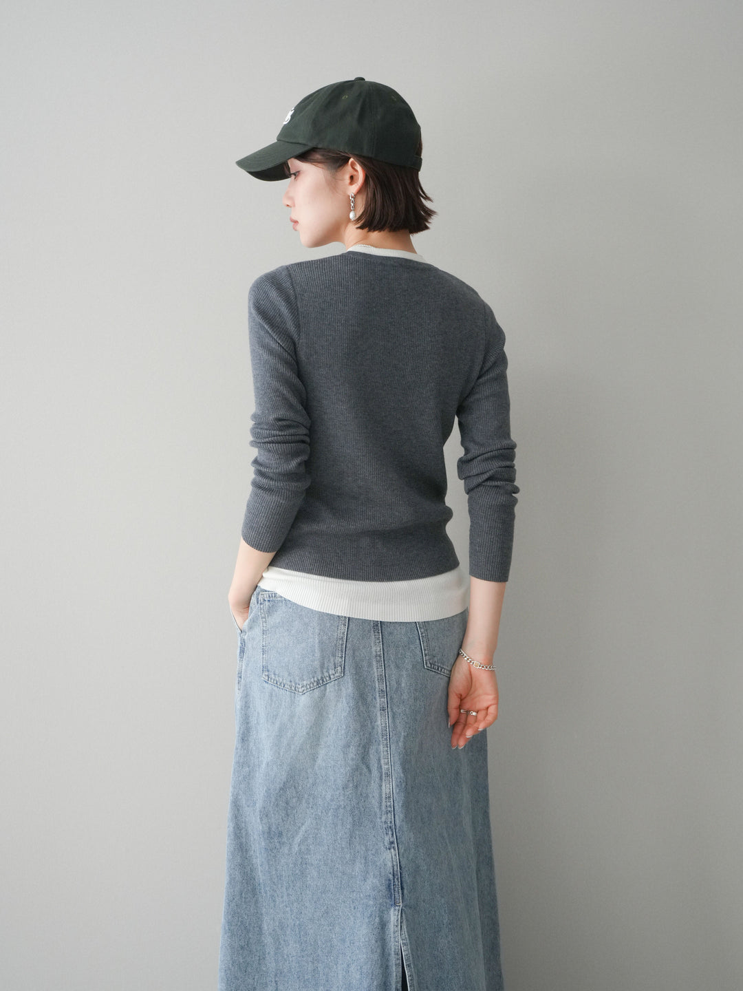 [予約]フロントジップ配色レイヤードニットトップス/gray