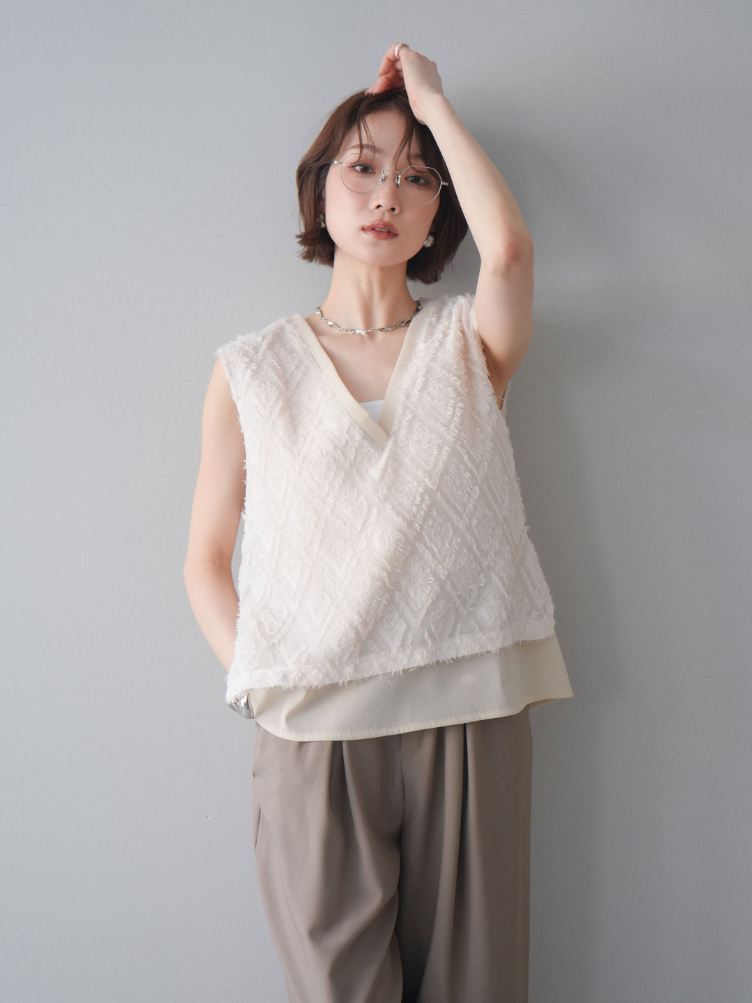 [SET]フリンジレイヤードVネックノースリーブ+フリンジレイヤードVネックノースリーブ(2set)