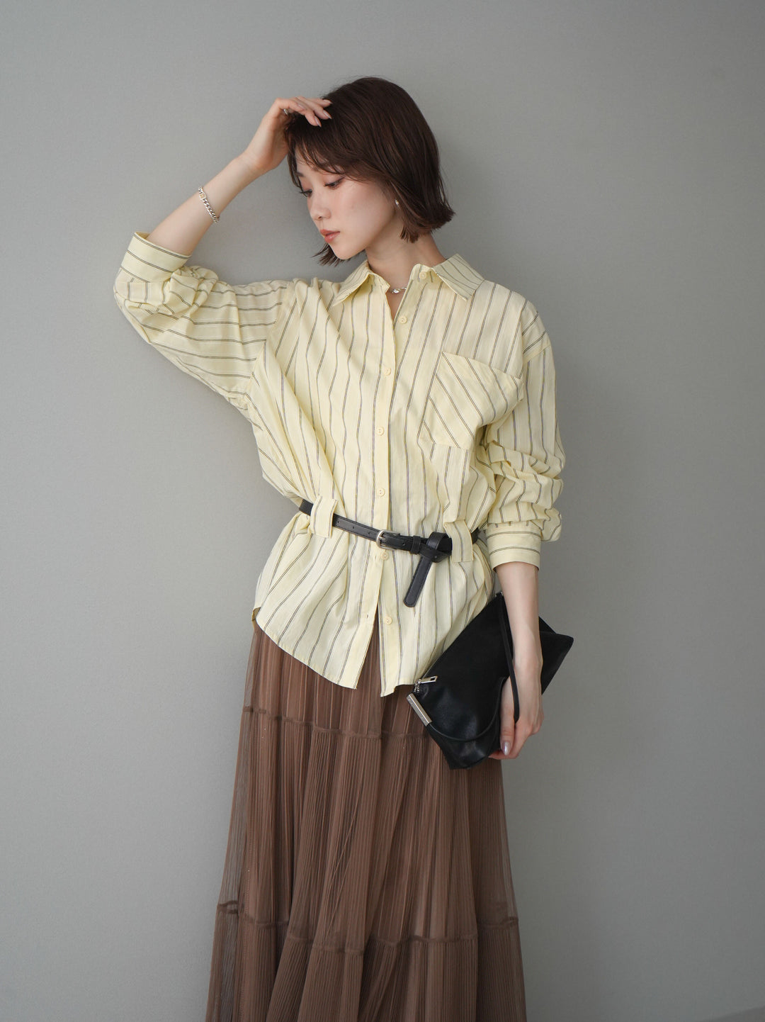 [予約]ベルト付ストライプロングシャツ/yellow