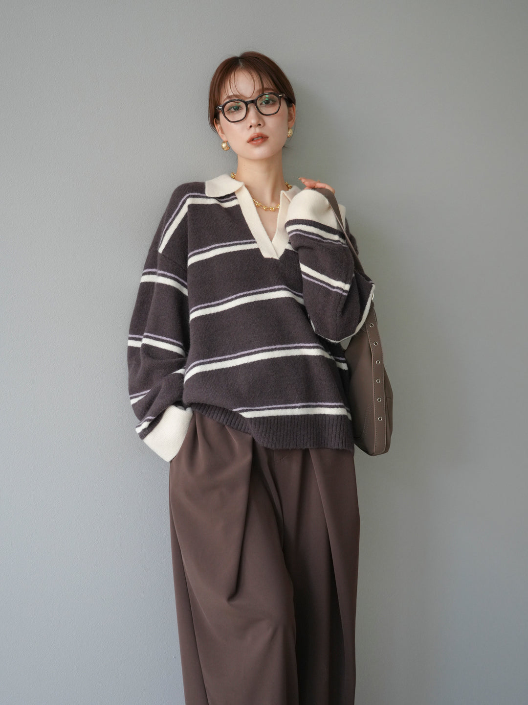 [予約]ポロ襟スキッパーボーダーニットプルオーバー/ブラウン