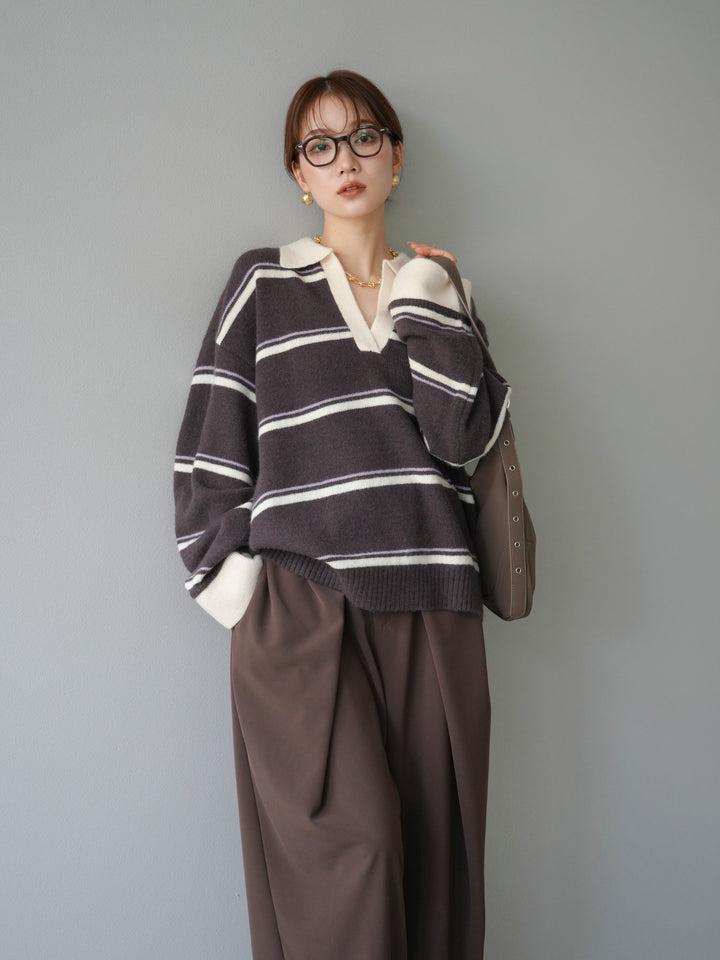 [予約]ポロ襟スキッパーボーダーニットプルオーバー/ブラウン