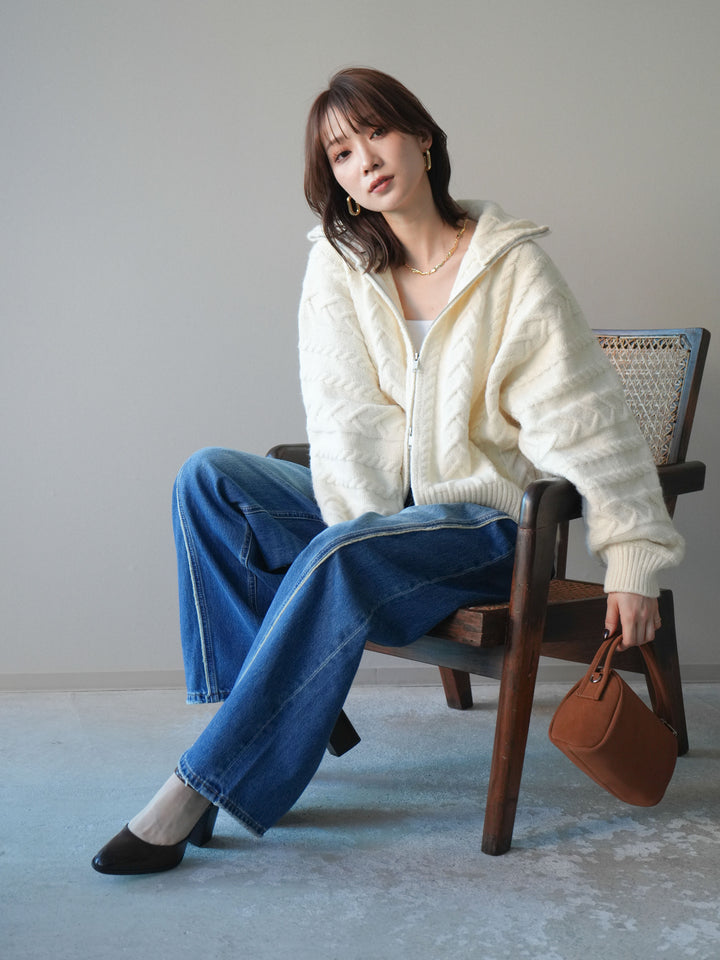 [SET]ケーブル編みハイネックZIPニットカーディガン+サイドフリンジワイドデニムパンツ(2set)