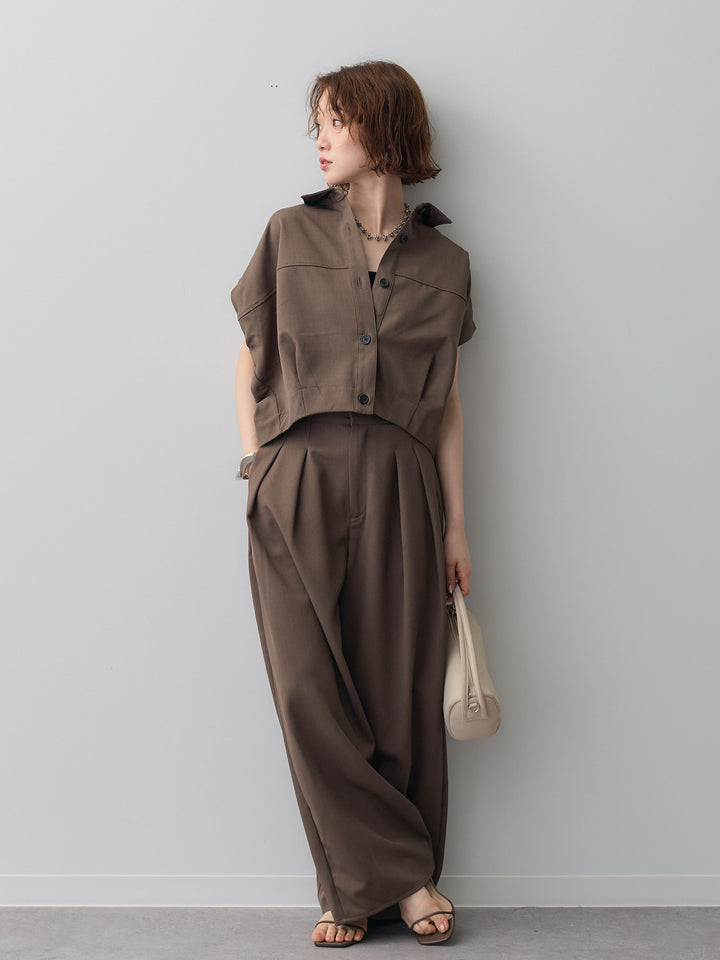 【套裝】縐綢燈籠無袖襯衫 + 縐綢闊腿褲（兩件套）