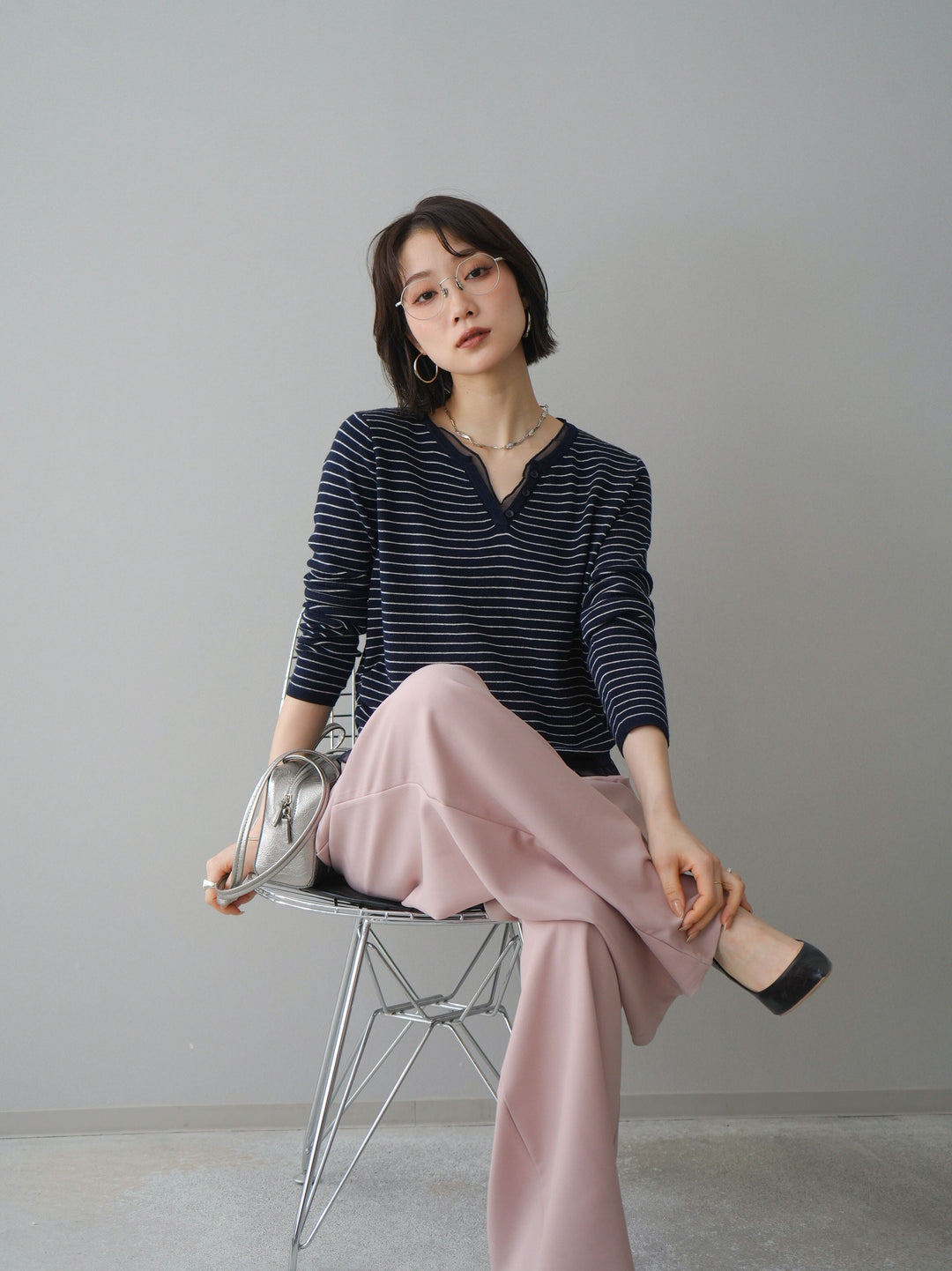 [SET]チュールレイヤードデザインボーダーニットトップス+チュールレイヤードデザインボーダーニットトップス(2set)