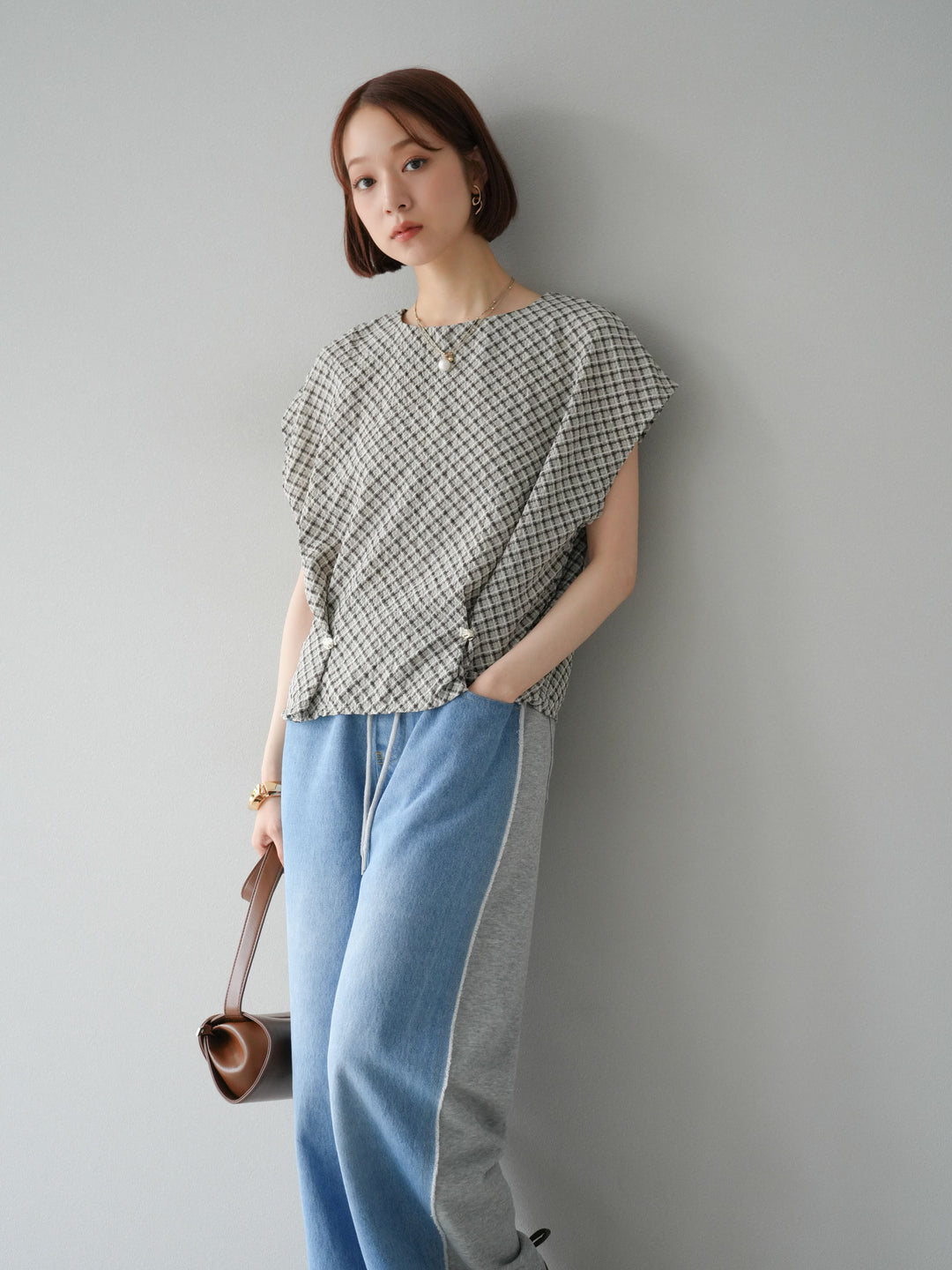 [予約]チェック柄タックデザインフレンチスリーブトップス/ブラウン