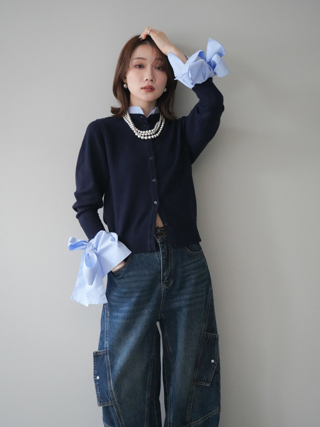 [予約]ウールライクリボンシャツカーディガン/navy