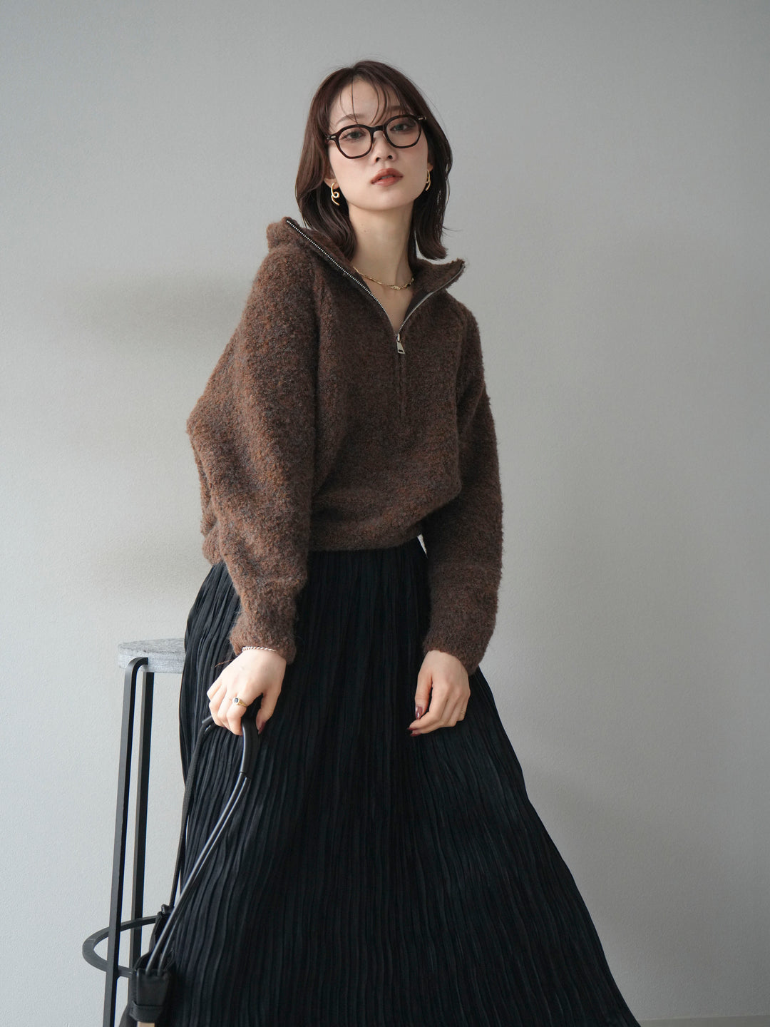 [予約]スタンドジップMIXブークレニットプルオーバー/brown