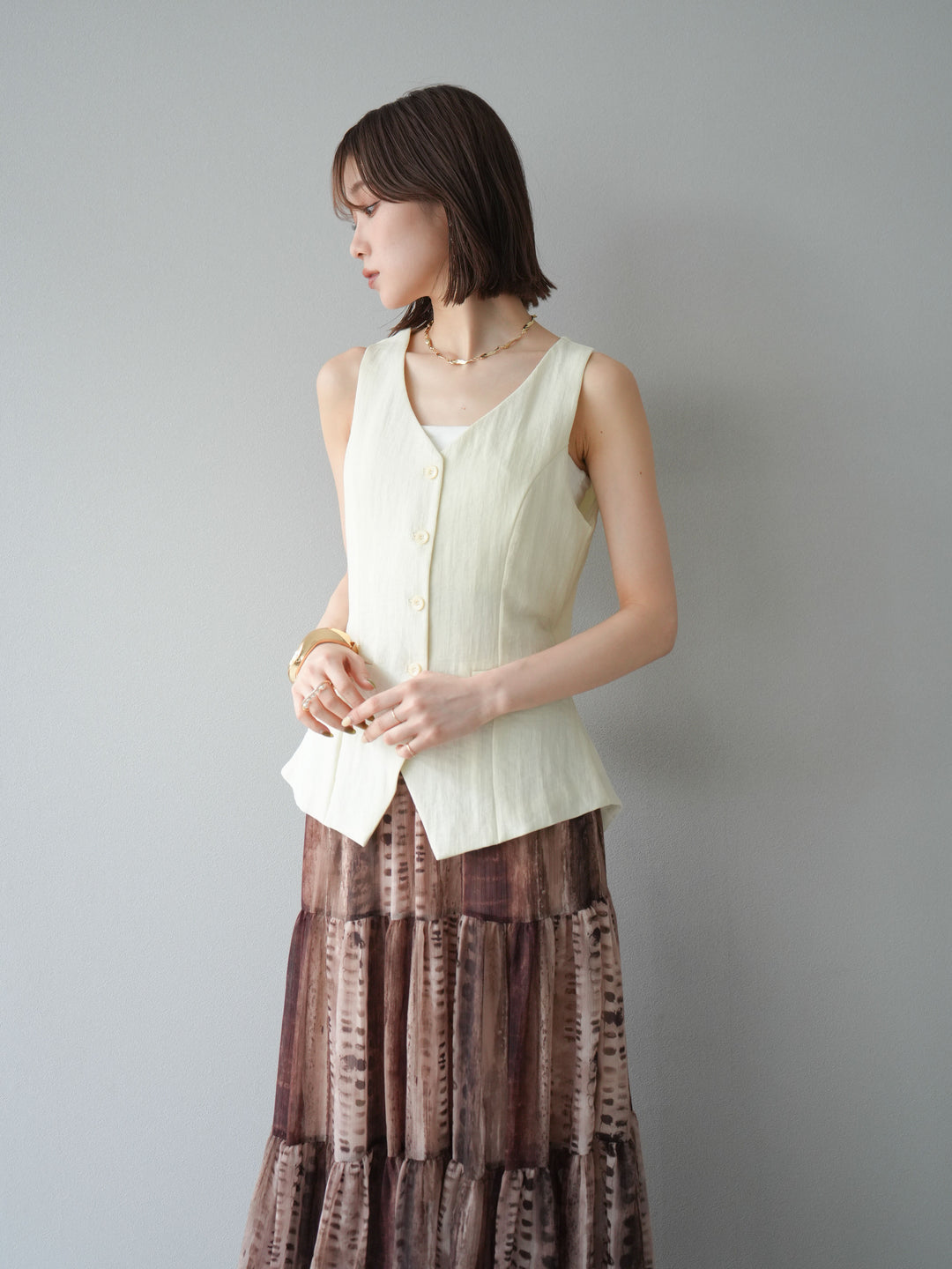[SET]リネンタッチバックオープンベスト＆ニュアンス柄マキシスカートSET UP(2set)