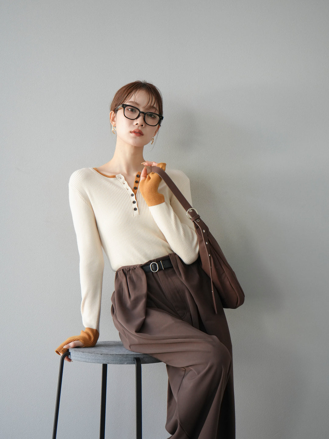 [3]ヘンリーネック配色リブニットトップス/アイボリー