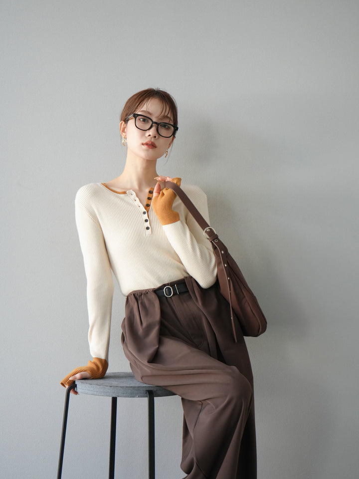 [3]ヘンリーネック配色リブニットトップス/アイボリー