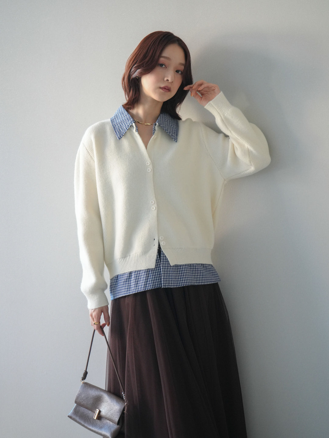 [SET]チェックシャツ襟ニットカーディガン+チュールボリュームスカート(2set)