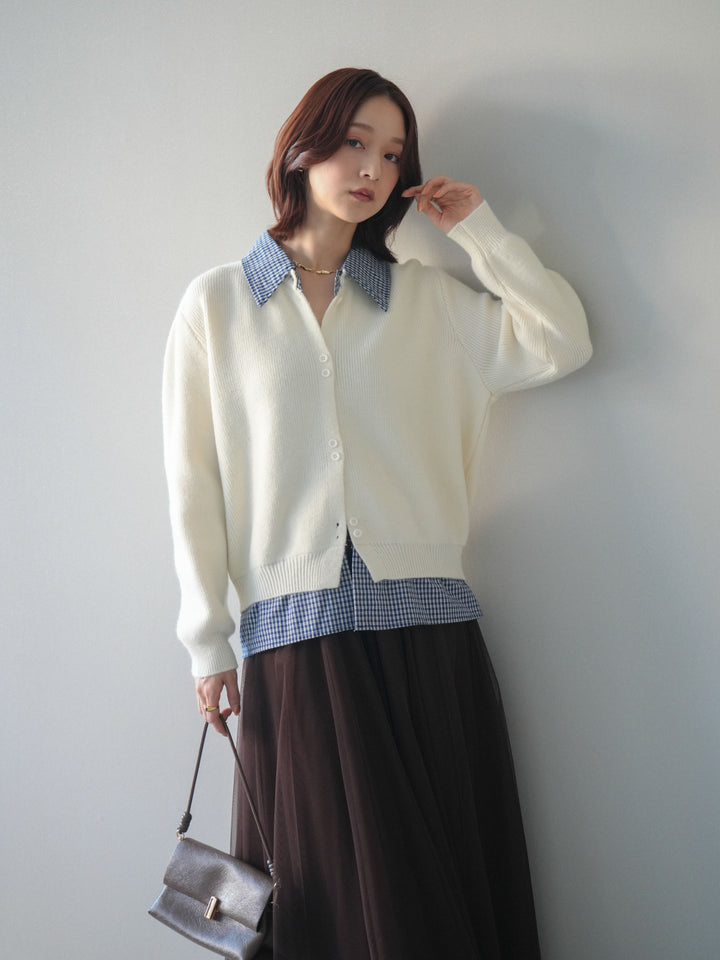 [SET]チェックシャツ襟ニットカーディガン+チュールボリュームスカート(2set)