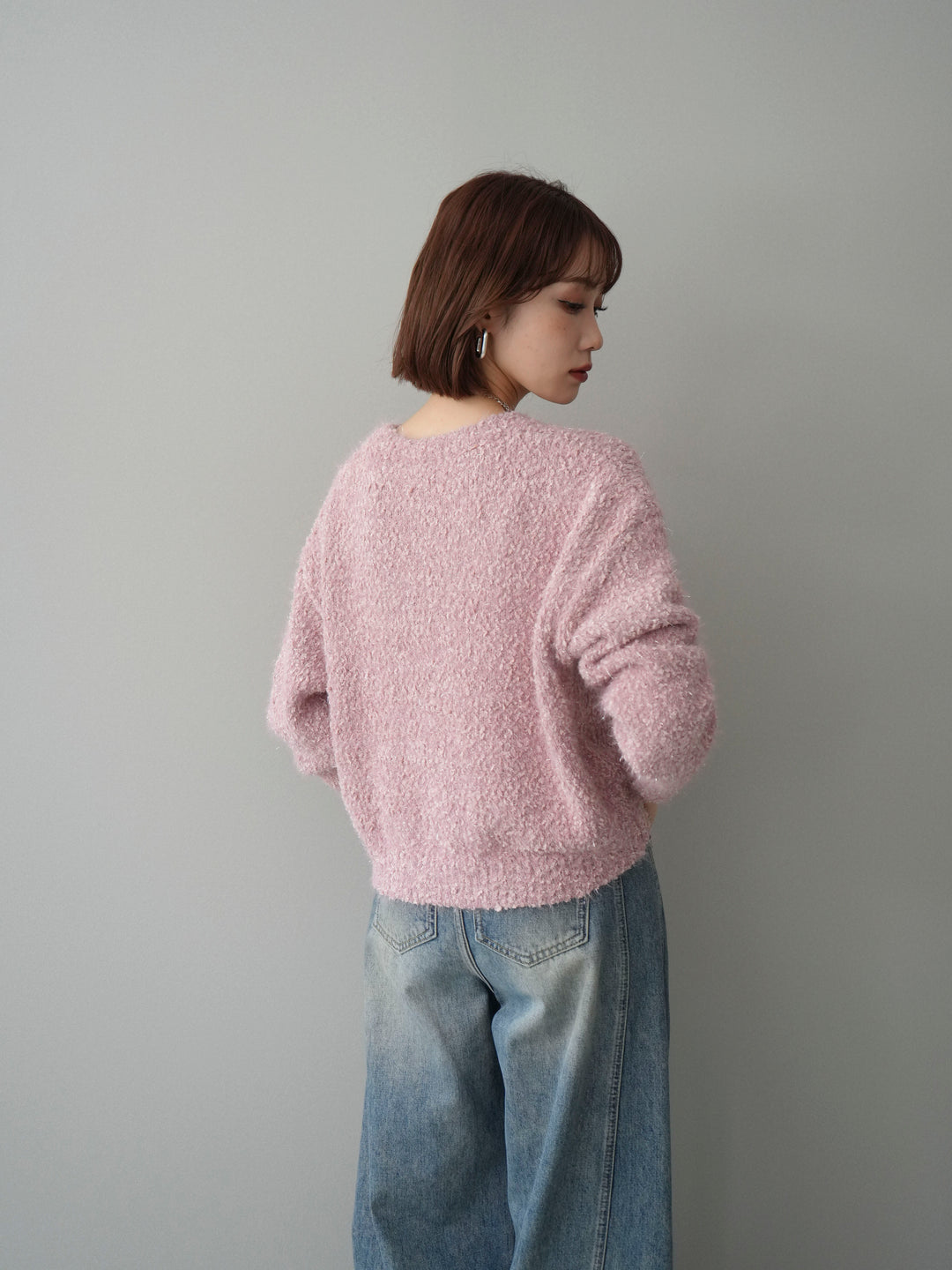 [SET]モールラメミックスヤーンニットプルオーバー+ベルト付カーブデニムパンツ(2set)