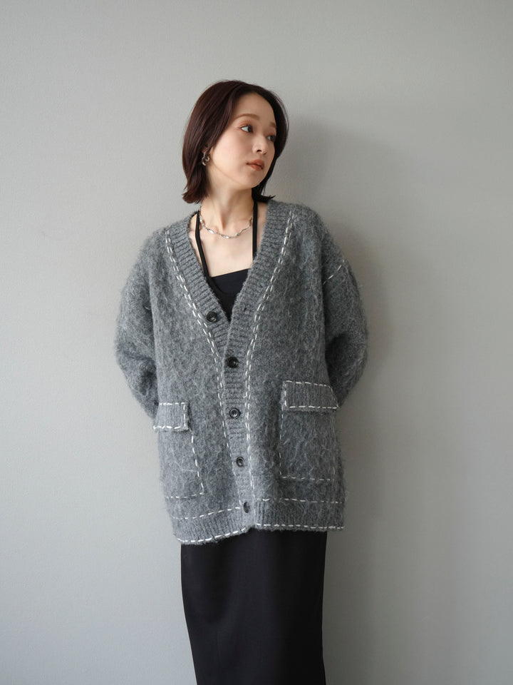 [予約]ステッチVネックニットカーディガン/グレー