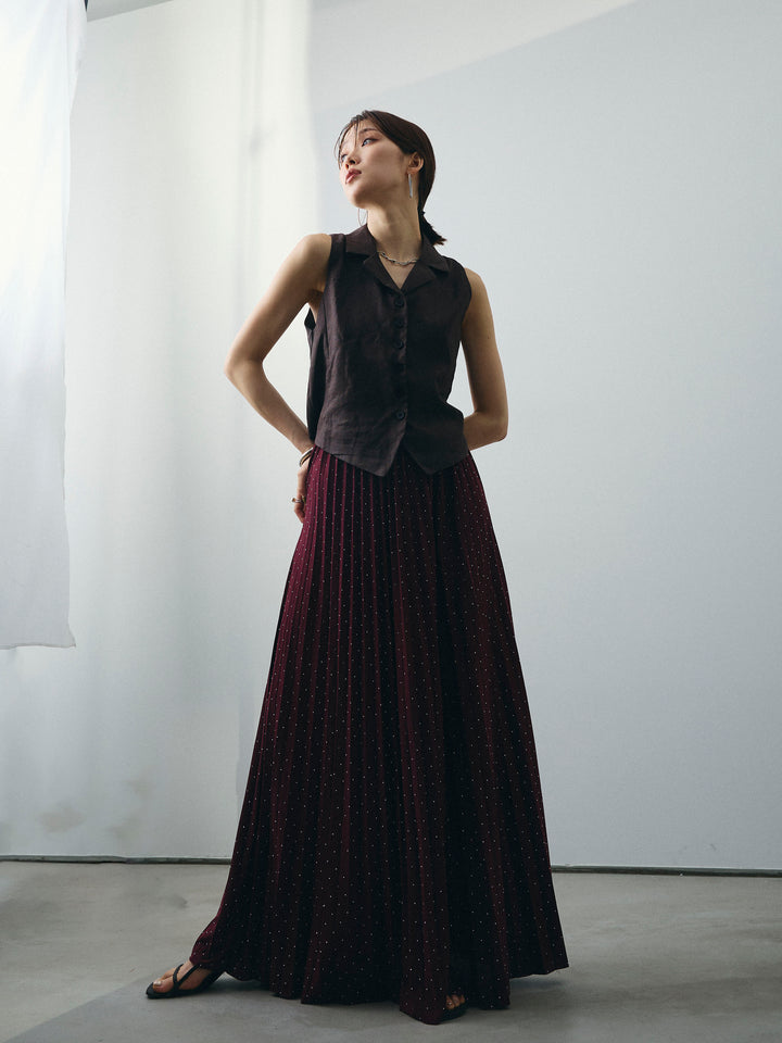 [SET]リネンライクテーラードジレ+ラインストーンプリーツスカート(2set)