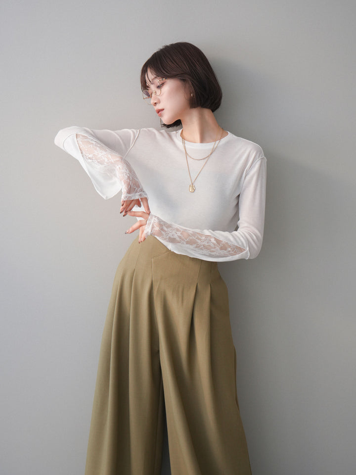 [予約]袖レースレイヤードデザインメロートップス/white