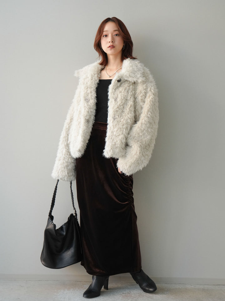 [SET]フェイクファー襟付きショートブルゾン+ギャザーベロアスカート(2set)