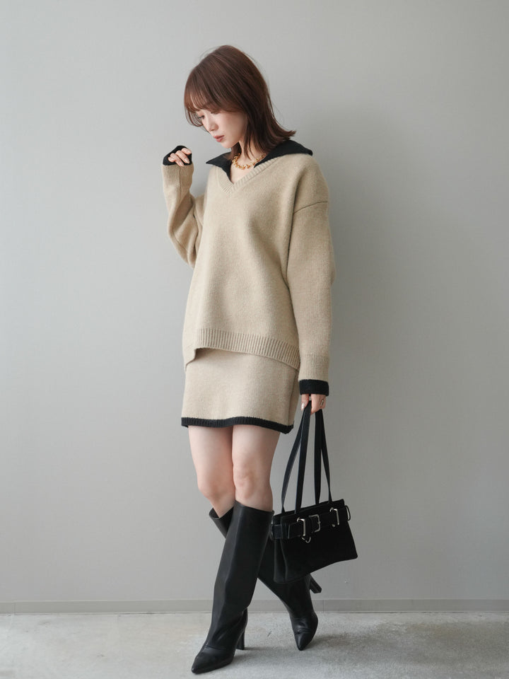 [SET]配色襟ニット＆ミニスカートSET UP+配色襟ニット＆ミニスカートSET UP(2set)