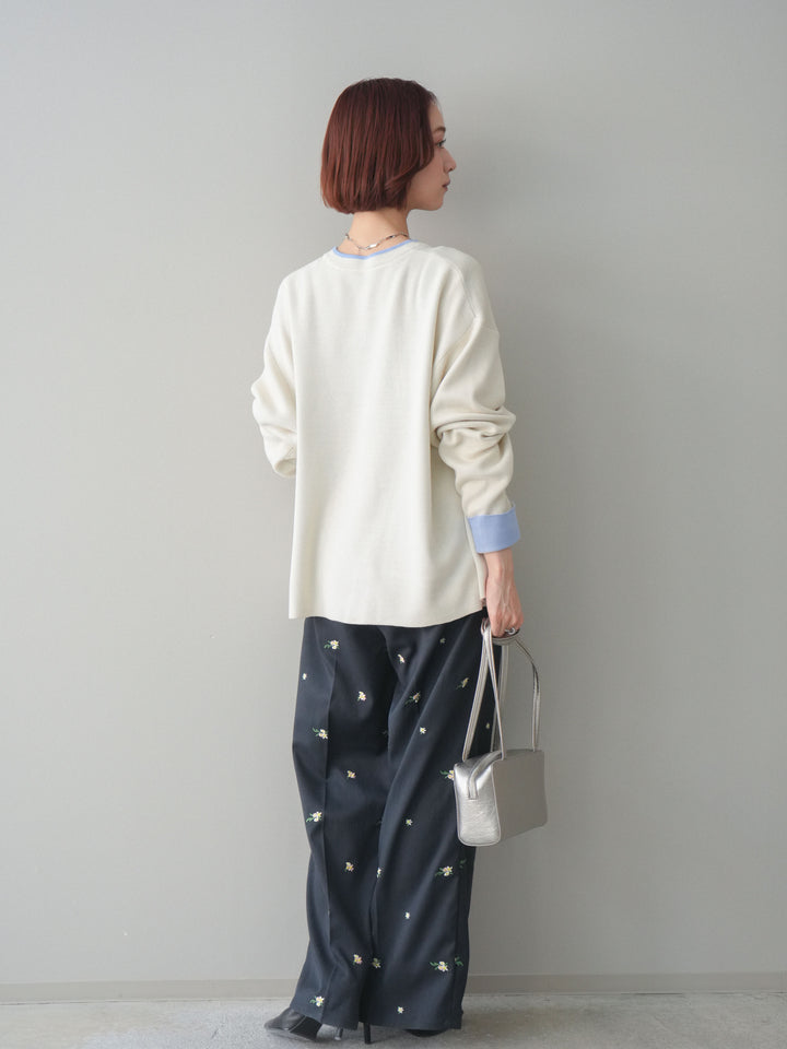 [予約]フラワー刺繍タックパンツ/navy