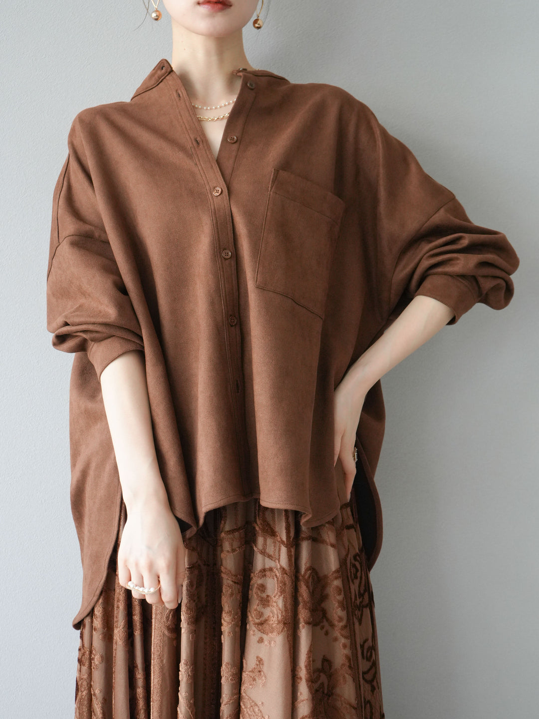 [予約]スエードバンドカラーオーバーシャツ/ブラウン
