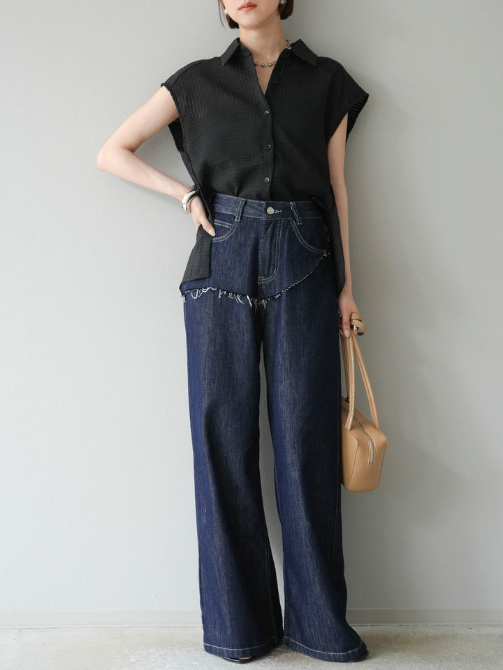 [SET] 透視格紋無袖襯衫 + 臀部設計牛仔褲（2 套）