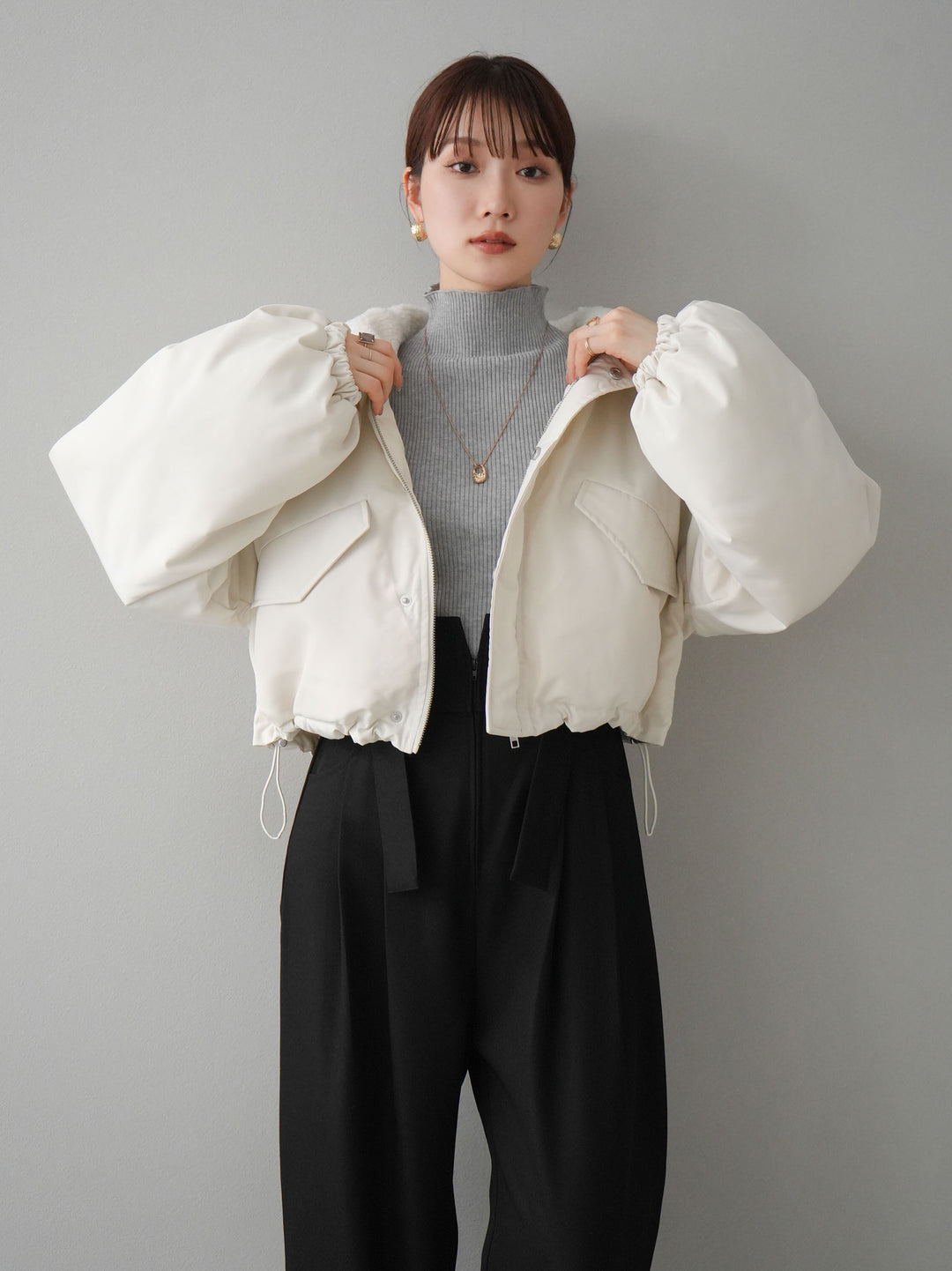 [預訂] 纖維羽絨領圍巾短上衣/象牙色