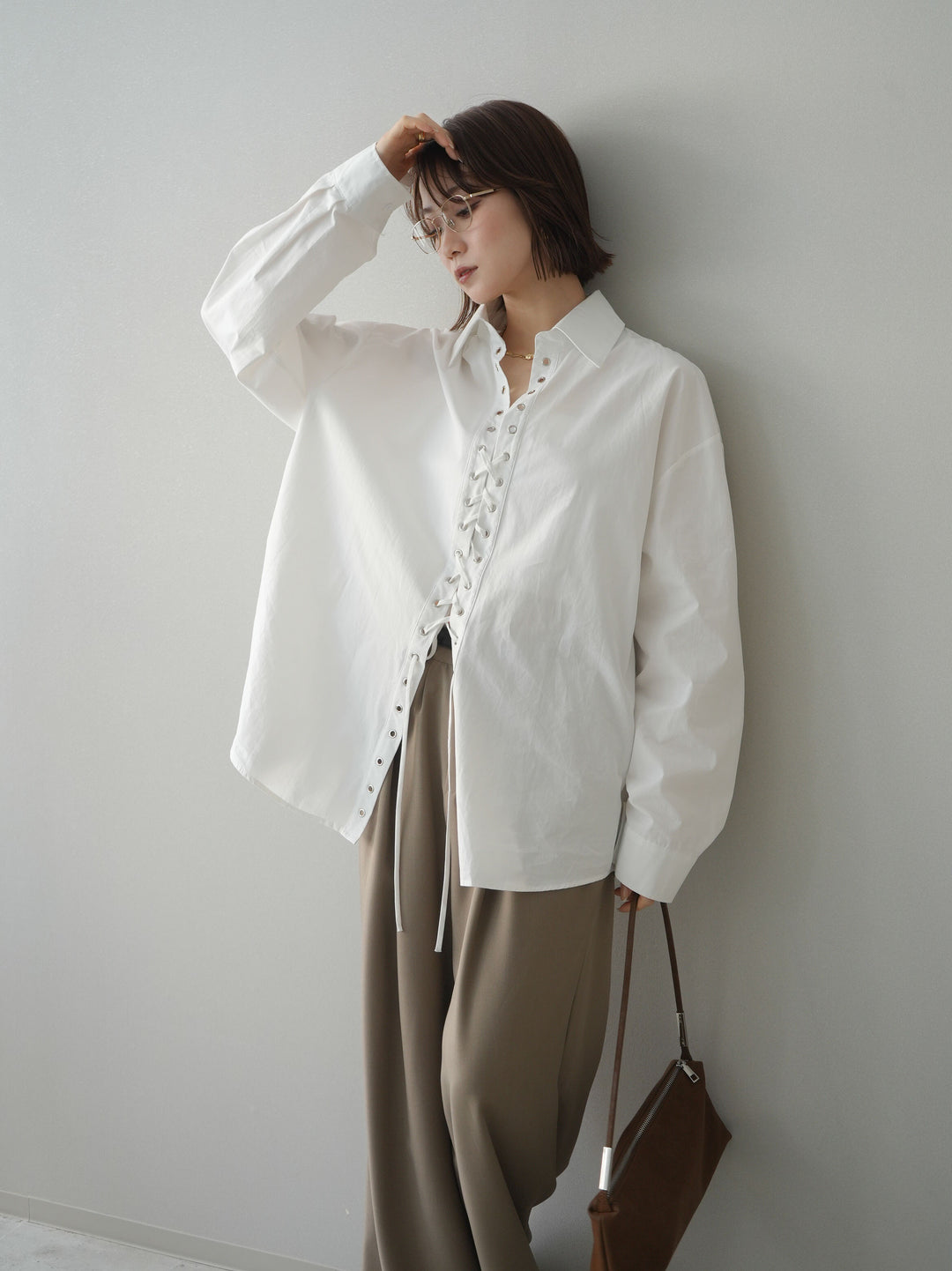 [SET]レースアップブロードシャツ+ベルト付キーホルダーモチーフワイドパンツ(2set)