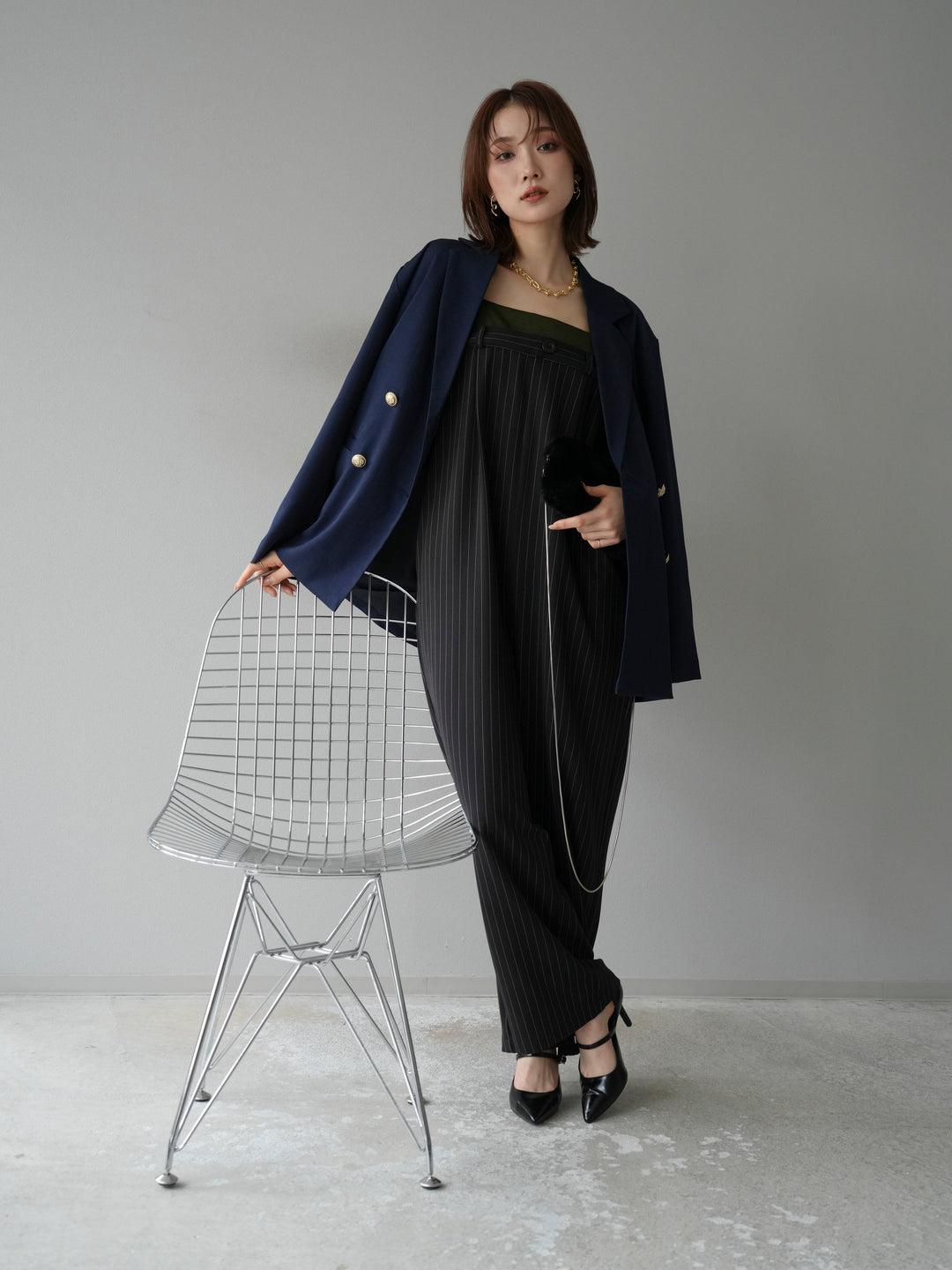[予約]サテン切替ピンストライプサロペット/ブラック