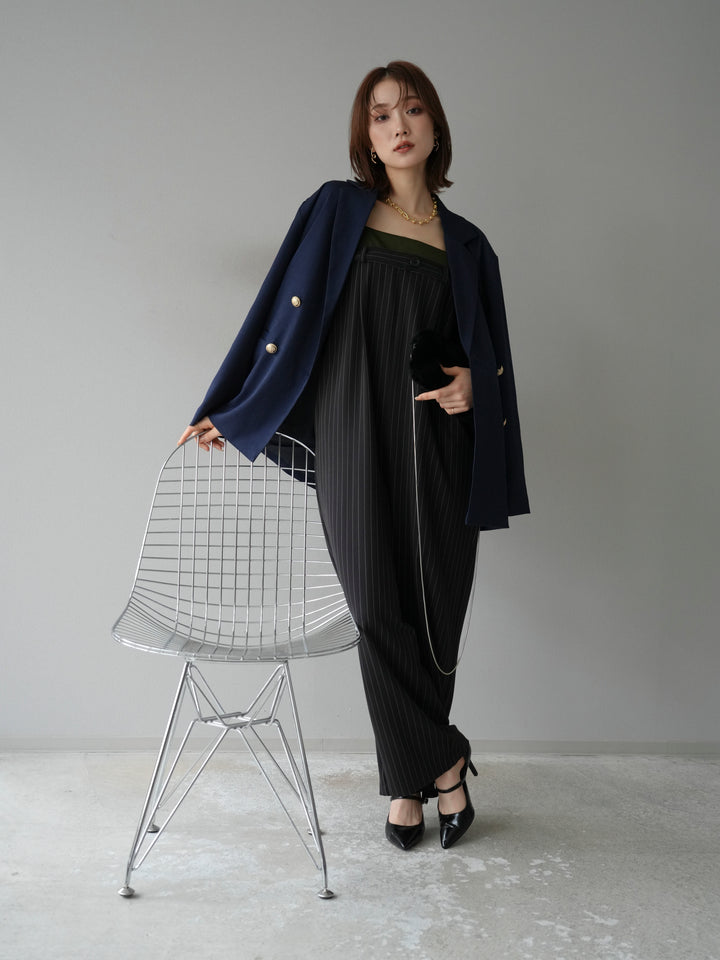 [予約]サテン切替ピンストライプサロペット/ブラック