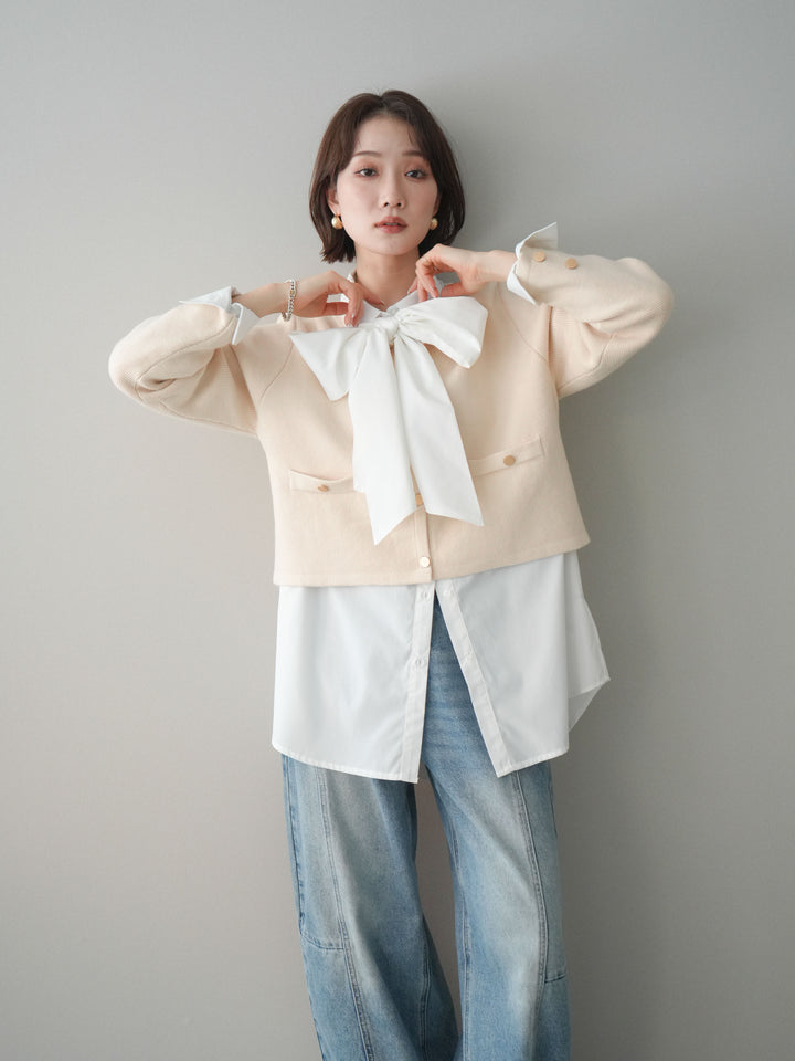 [SET]ゴールドボタンノーカラーニットジャケット+選べるアクセセット(2set)