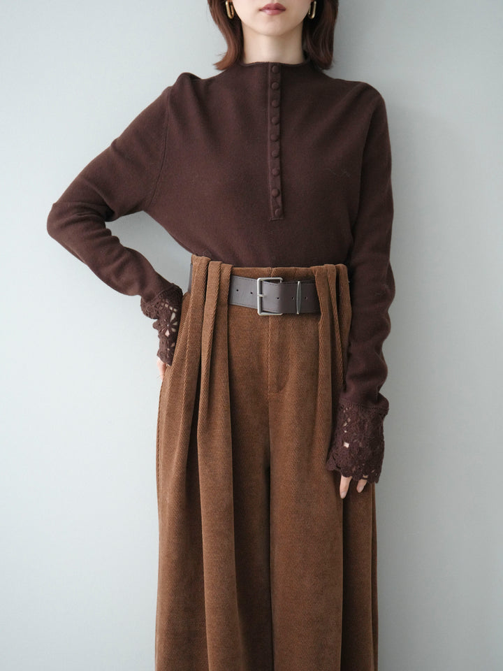 [SET]袖スカラップレースフロントボタンウールニットトップス+ベルトデザインループコールテンワイドパンツ(ベルト付き)(2set)
