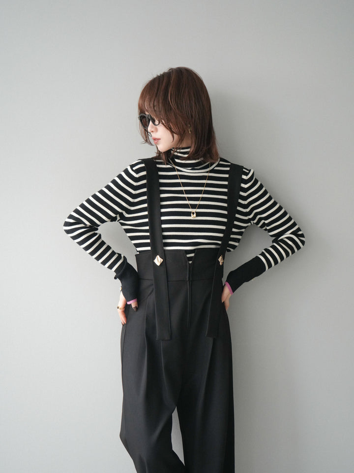 [予約]袖配色ハイネックボーダーリブニットトップス/blackborderpink