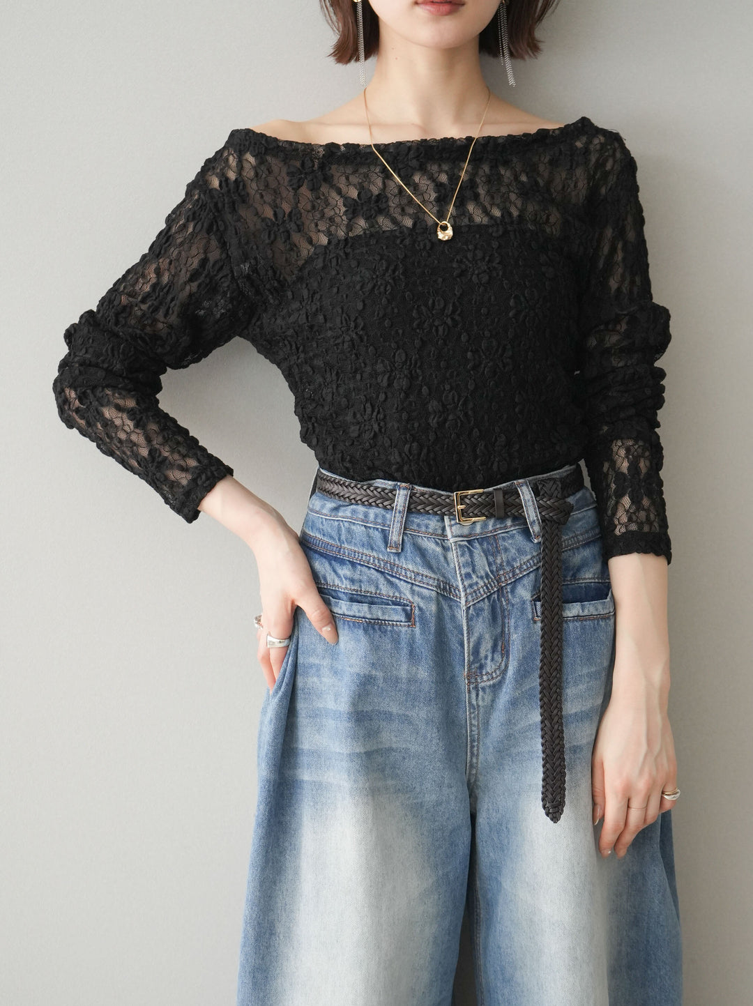 [SET]サイドギャザーレーストップス+フロントポケットサイドタックワイドデニム(2set)