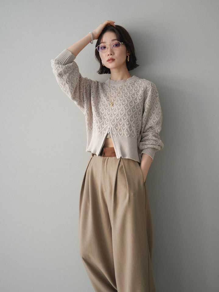 [予約]透かし編みフロントジップスリットニットプルオーバー/lightbeige